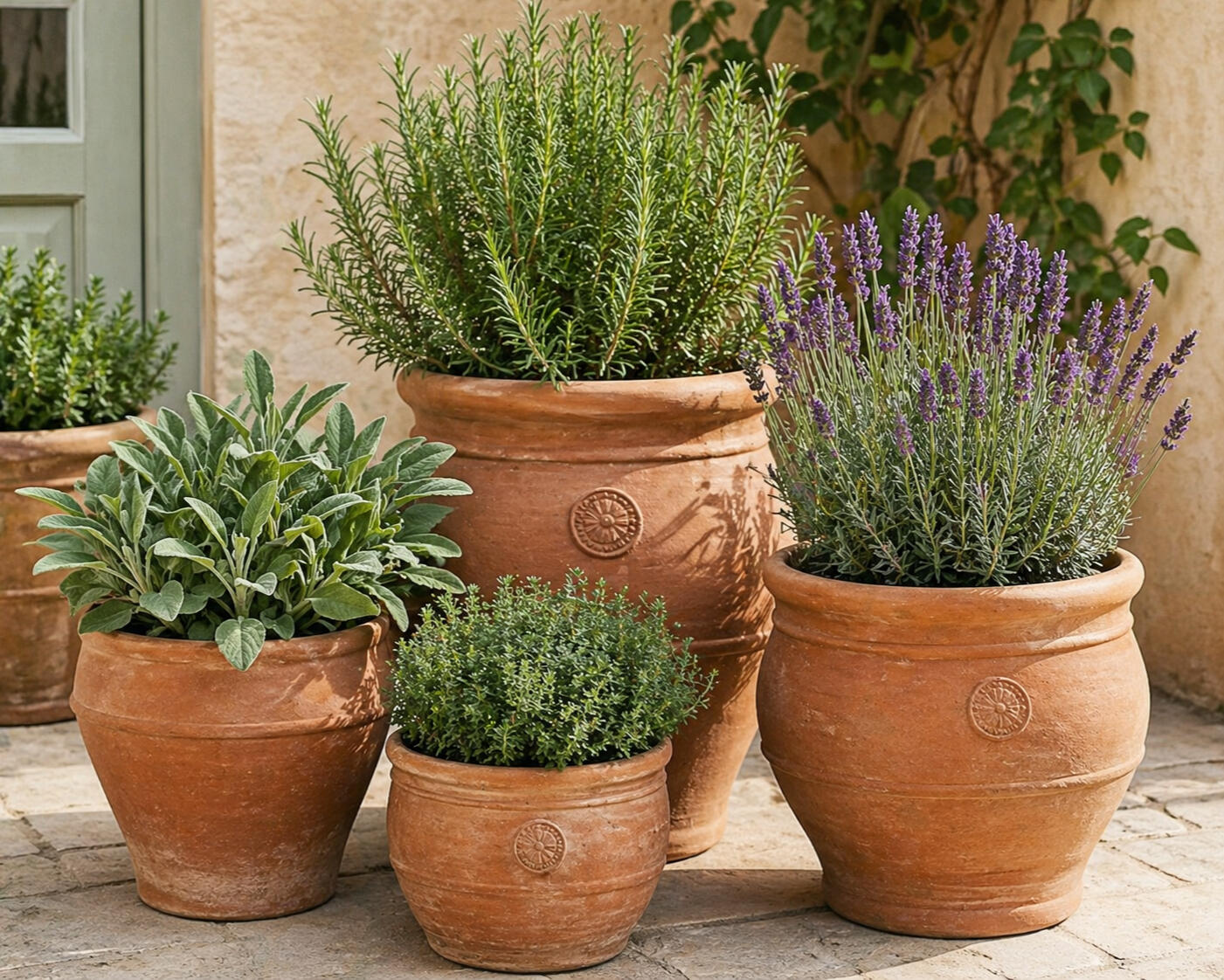 terracotta pots of all sizes with rosemary & sage sit on a stone path
