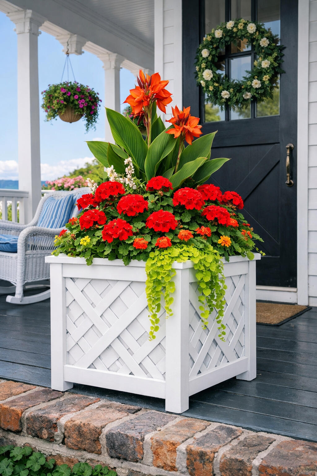 a white square lattice look planter has spring blooms
