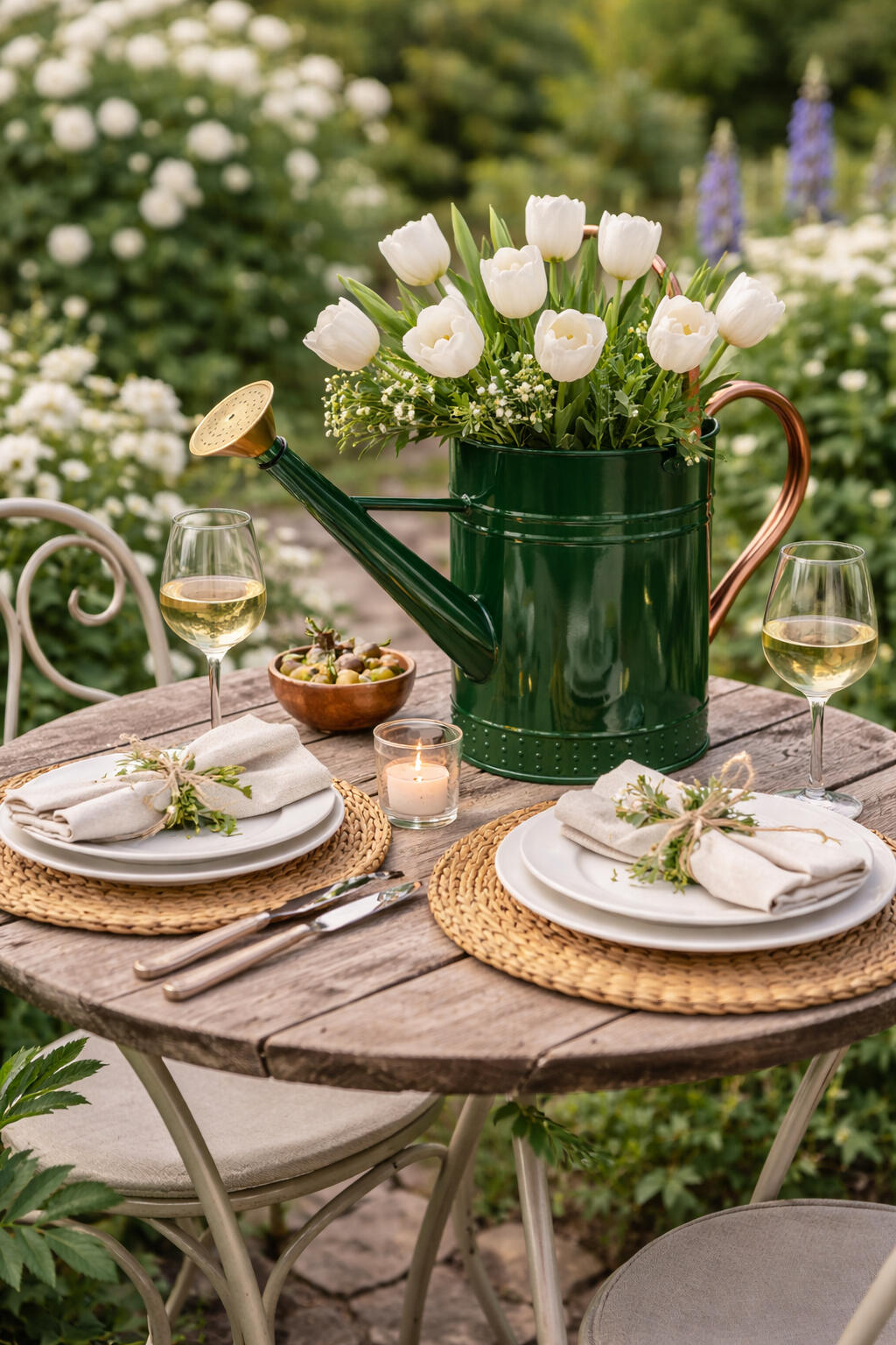 a dark green meal watering can is on a white bistro table